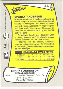 1988 Pacific Legends I #46 Sparky Anderson Back