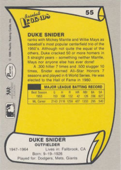 1988 Pacific Legends I #55 Duke Snider Back