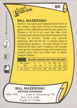 1988 Pacific Legends I #60 Bill Mazeroski Back