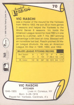 1988 Pacific Legends I #70 Vic Raschi Back