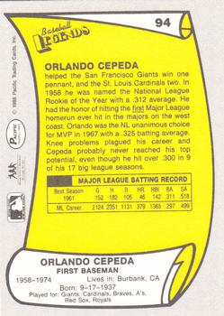 1988 Pacific Legends I #94 Orlando Cepeda Back