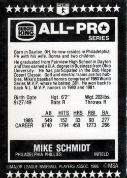 1986 Burger King All-Pro Series #5 Mike Schmidt Back