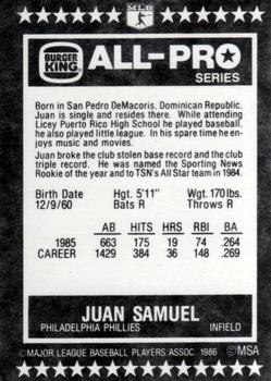 1986 Burger King All-Pro Series #10 Juan Samuel Back