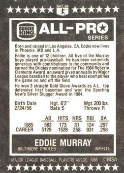 1986 Burger King All-Pro Series #14 Eddie Murray Back