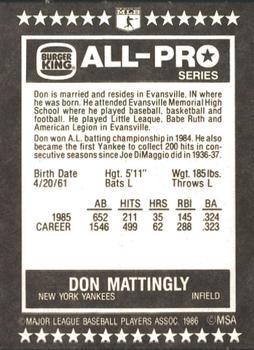1986 Burger King All-Pro Series #19 Don Mattingly Back