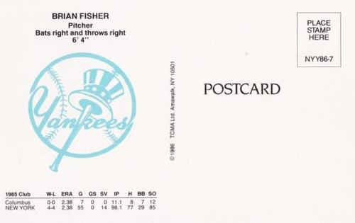 1986 TCMA New York Yankees Postcards #7 Brian Fisher Back