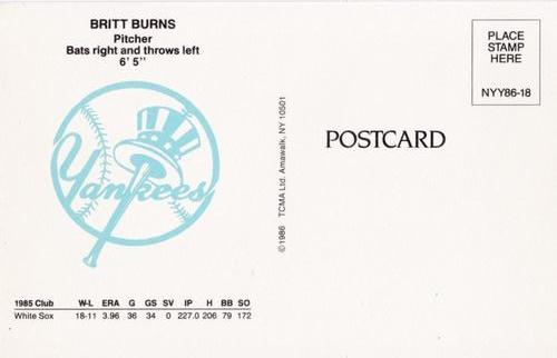 1986 TCMA New York Yankees Postcards #18A Britt Burns Back