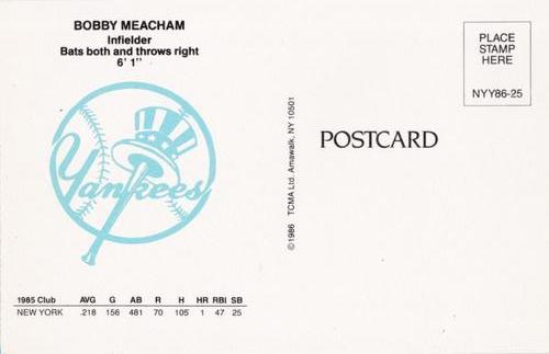 1986 TCMA New York Yankees Postcards #25 Bobby Meacham Back