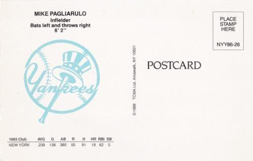 1986 TCMA New York Yankees Postcards #26 Mike Pagliarulo Back