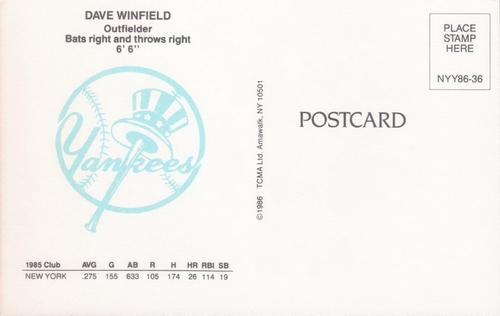 1986 TCMA New York Yankees Postcards #36 Dave Winfield Back