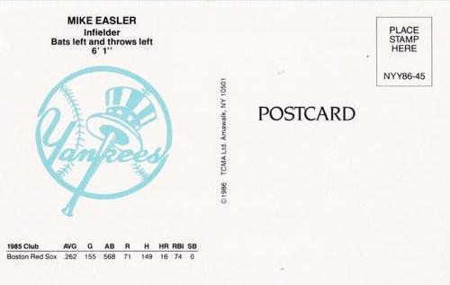 1986 TCMA New York Yankees Postcards #45 Mike Easler Back