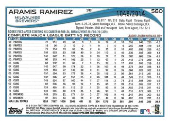 2014 Topps - Gold #560 Aramis Ramirez Back