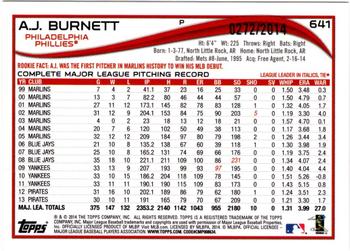 2014 Topps - Gold #641 A.J. Burnett Back