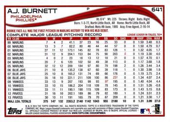 2014 Topps - Red Foil #641 A.J. Burnett Back