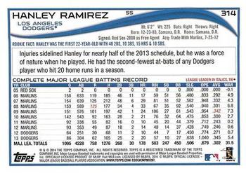 2014 Topps - Blue #314 Hanley Ramirez Back