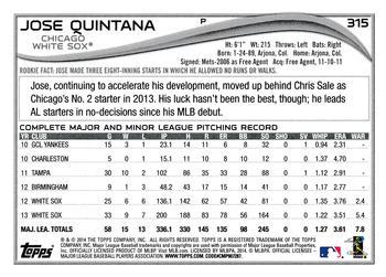 2014 Topps - Yellow #315 Jose Quintana Back