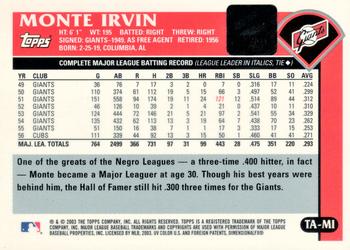 2003 Topps Retired Signature Edition #TA-MI Monte Irvin Back
