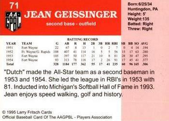 1995 Fritsch AAGPBL Series 1 #71 Jean Geissinger Back