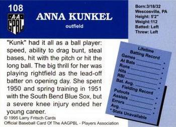 1995 Fritsch AAGPBL Series 1 #108 Anna Kunkel Back