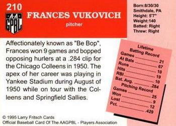 1995 Fritsch AAGPBL Series 1 #210 Frances Vukovich Back
