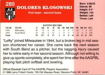 1996 Fritsch AAGPBL Series 2 #285 Dolores Klosowski Back