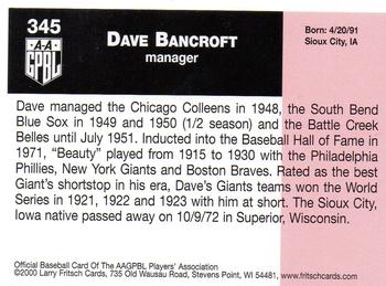 2000 Fritsch AAGPBL Series 3 #345 Dave Bancroft Back
