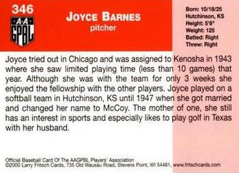 2000 Fritsch AAGPBL Series 3 #346 Joyce Barnes Back
