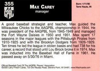 2000 Fritsch AAGPBL Series 3 #355 Max Carey Back
