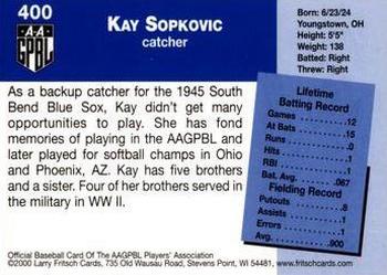 2000 Fritsch AAGPBL Series 3 #400 Kay Sopkovic Back