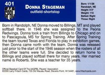 2000 Fritsch AAGPBL Series 3 #401 Donna Stageman Back
