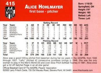 2002 Fritsch AAGPBL Update Series #415 Alice Hohlmayer Back