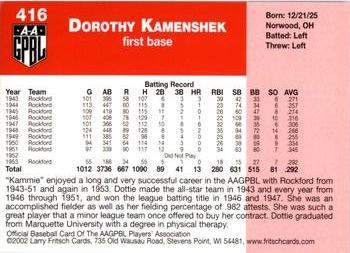 2002 Fritsch AAGPBL Update Series #416 Dottie Kamenshek Back