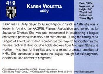 2002 Fritsch AAGPBL Update Series #419 Karen Violetta Back