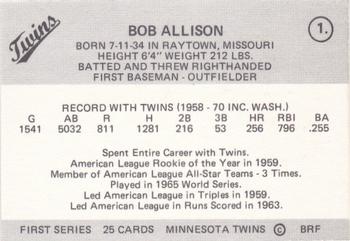 1978 Frisz Minnesota Twins #1 Bob Allison Back