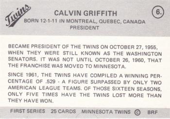 1978 Frisz Minnesota Twins #6 Calvin Griffith Back