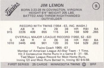 1978 Frisz Minnesota Twins #9 Jim Lemon Back