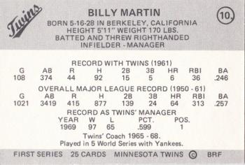 1978 Frisz Minnesota Twins #10 Billy Martin Back