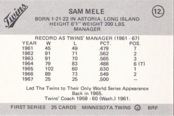 1978 Frisz Minnesota Twins #12 Sam Mele Back