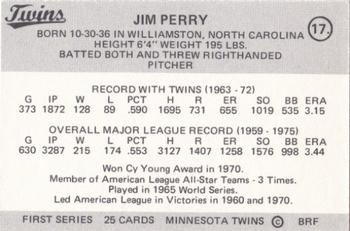 1978 Frisz Minnesota Twins #17 Jim Perry Back