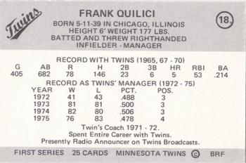 1978 Frisz Minnesota Twins #18 Frank Quilici Back