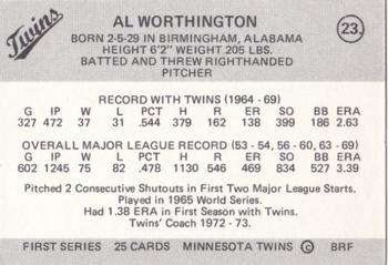1978 Frisz Minnesota Twins #23 Al Worthington Back