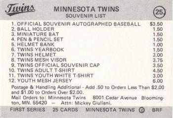 1978 Frisz Minnesota Twins #25 Checklist  #1 Back