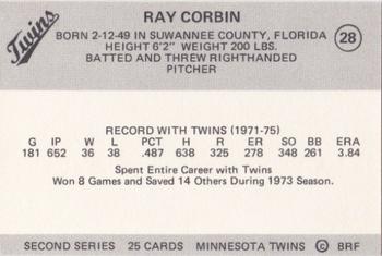 1978 Frisz Minnesota Twins #28 Ray Corbin Back