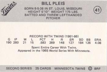 1978 Frisz Minnesota Twins #41 Bill Pleis Back
