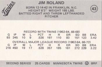 1978 Frisz Minnesota Twins #43 Jim Roland Back