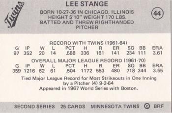 1978 Frisz Minnesota Twins #44 Lee Stange Back