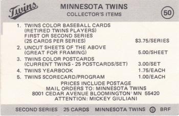 1978 Frisz Minnesota Twins #50 Checklist  #2 Back