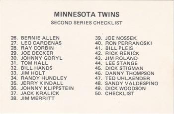 1978 Frisz Minnesota Twins #50 Checklist  #2 Front