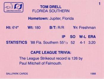 1988 Ballpark Cape Cod League Prospects #1 Tom Drell Back