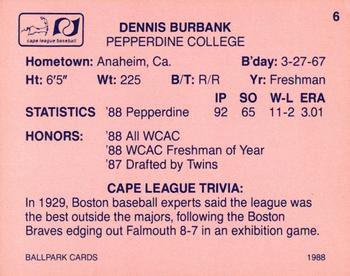 1988 Ballpark Cape Cod League Prospects #6 Dennis Burbank Back
